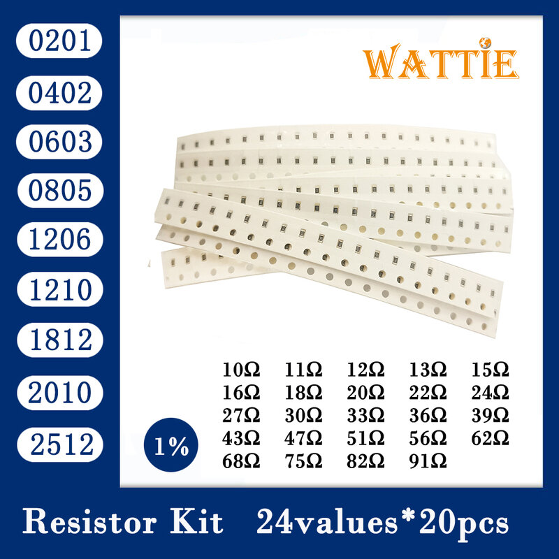 Resistor kit 0201 0402 0603 0805 1206 1210 1812 2010 2512 smd Resistor package 24values*20PCS=480PCS 1% Sample Kit Resisor