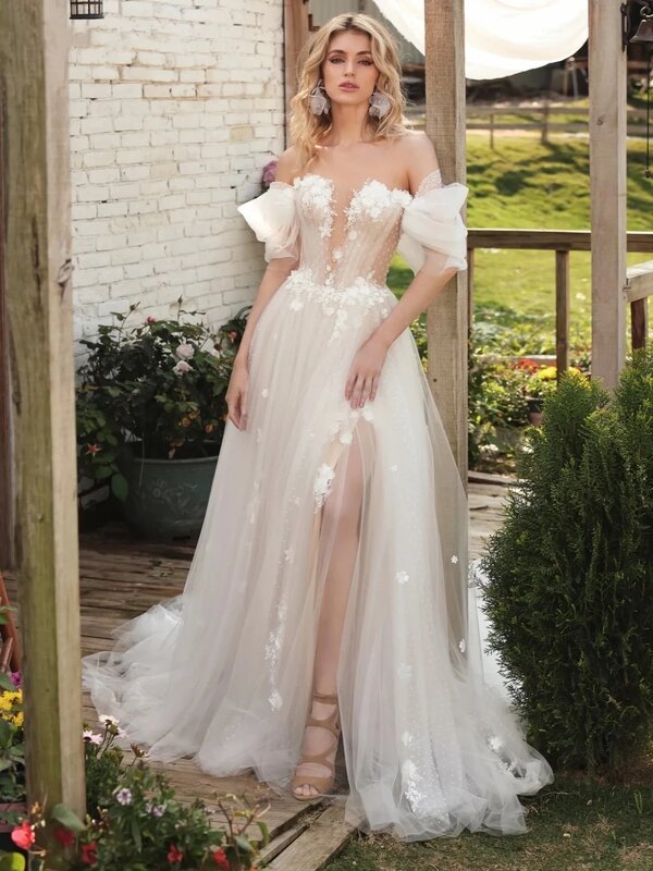Pełna wdzięku suknia ślubna z odkrytymi ramionami klasyczna suknia ślubna 3D aplikacje kwiatowe biała długa szata panny młodej Vestidos De Novia