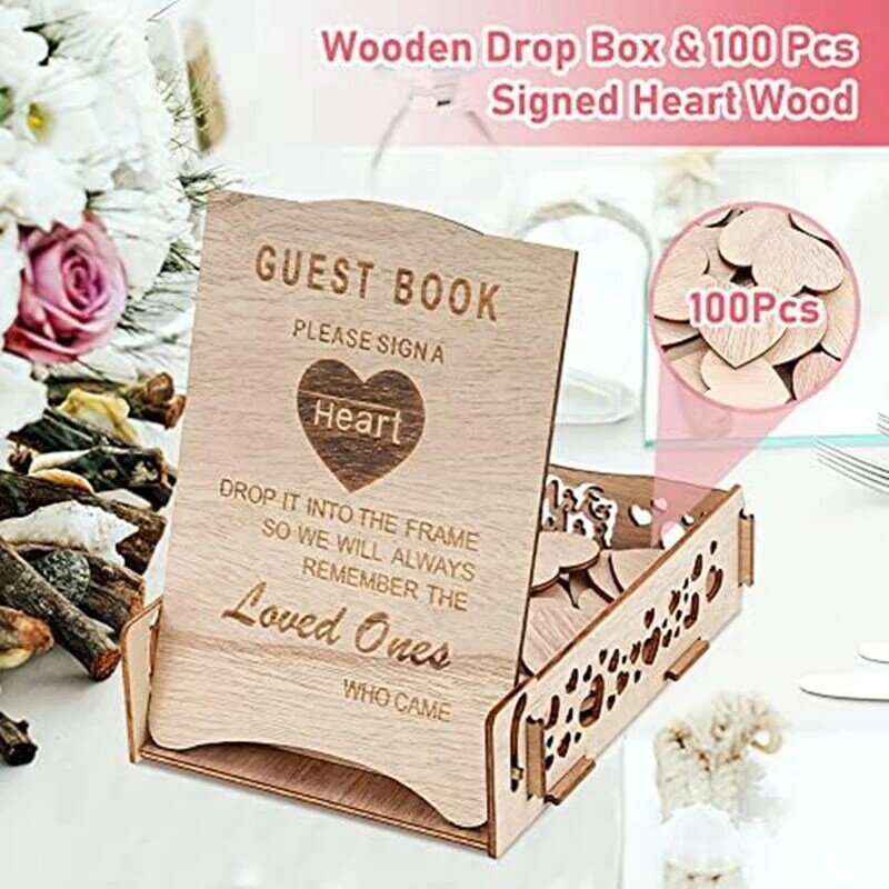 كتاب ضيف مع صندوق خشبي قطرة القلب ، كتاب ضيف الزفاف ، حفل زفاف ، ديكور الاستقبال مصنوعة بشكل جيد