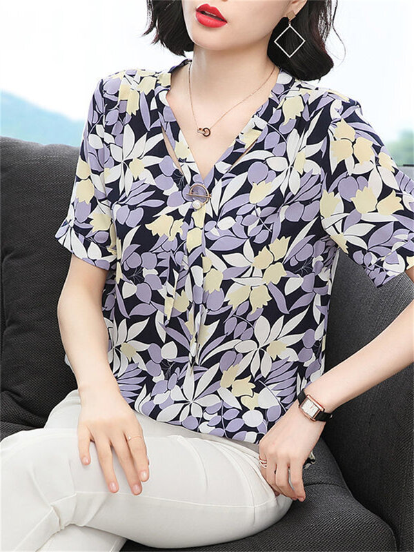 여성 봄 여름 블라우스 셔츠 레이디 패션 캐주얼 반소매 v 넥 칼라 리프 프린트 블라우스 탑스 WY0559