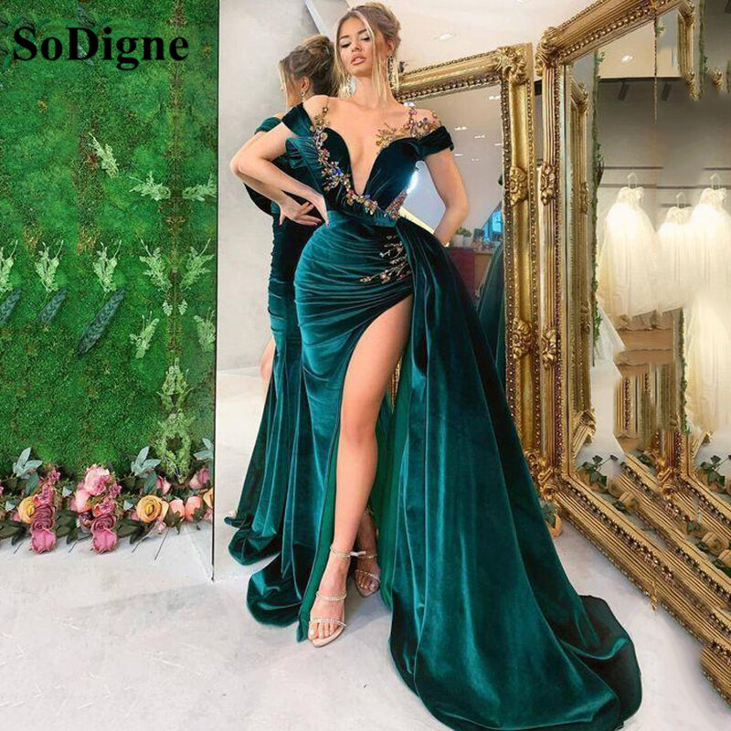 Sodigne verde longo vestidos de baile sereia veludo formal vestidos de noite com trem apliques árabes dividir vestido de festa feminino 2022