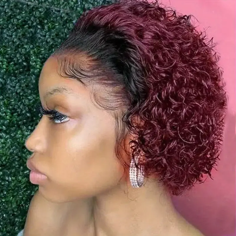 Wig rambut manusia keriting pendek 1B/27 Wig potongan Pixie merah anggur 99J Wig depan renda transparan 13X1 Brasil untuk Wig Bob Frontal wanita