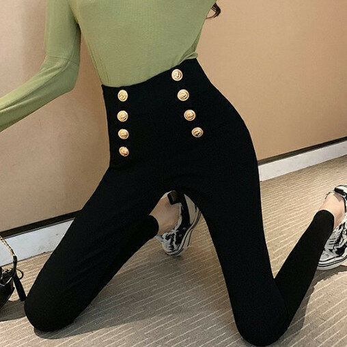 Women 2023 Spring Autumn Fashion High Waist Pencil Leggings Female Solid Color Buttons Trousers Ladies Slim Skinny Leggings G548