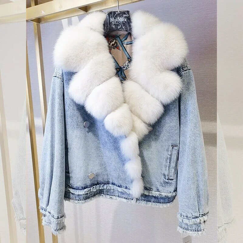 2023 Women New Genuine Fox Fur Coat Suit Collar Denim Jacket H2