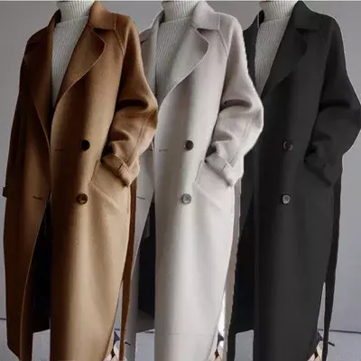 Veste en laine beige pour femme, pardessus long, revers décontracté, élégant, vintage, mode coréenne, automne, hiver