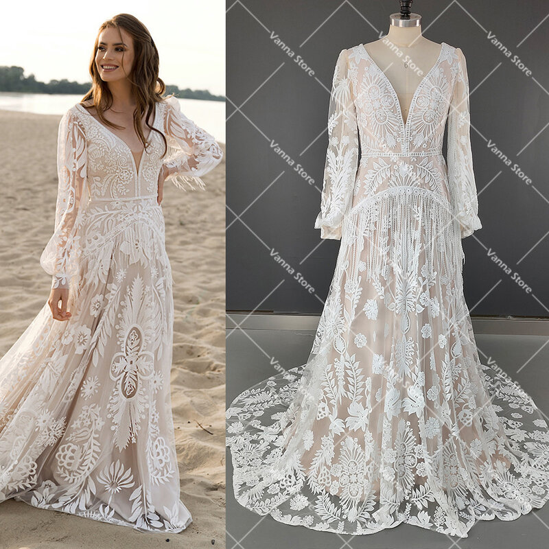 Długie bufiaste rękawy Allover koronkowe suknie ślubne Boho Elopement Custom Made linia V Neck Tassel czeska plaża skromna suknia ślubna
