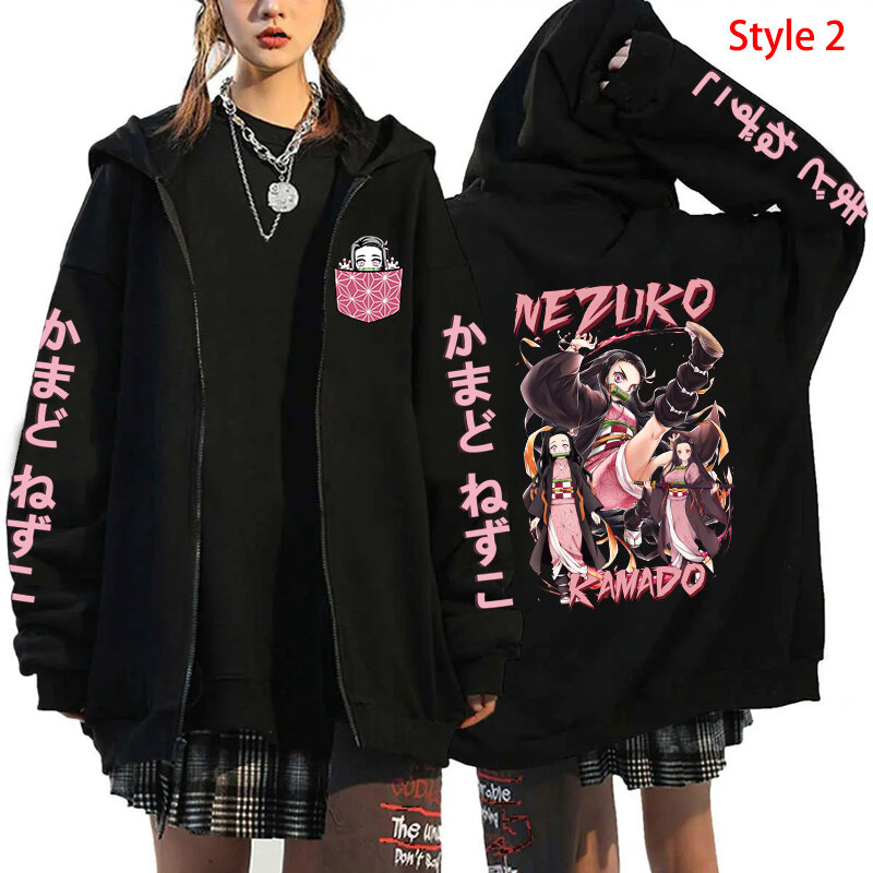 Herfst/Winter Nieuwe Kamado Nezuko Hoodie Vrouwen Casual Persoonlijkheid Trui Met Rits Streetwear Streetwear Mode Anime Sweatshirt