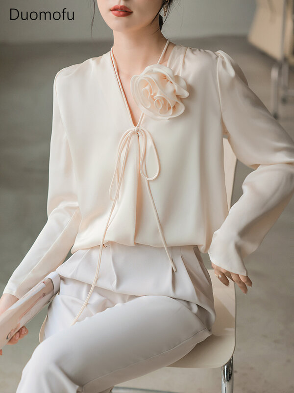 Duomofu-Tops elegantes em bolinhas para senhoras, blusa gola V, manga cheia, botão oculto, rosa, estilo francês, solto e elegante, escritório