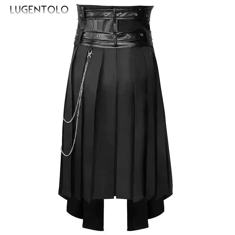 Lugentolo-男性用のプリーツスカート,非対称のゴシックスタイルのスカート,ブラックチェーンダンスのファッション,新しいコレクション