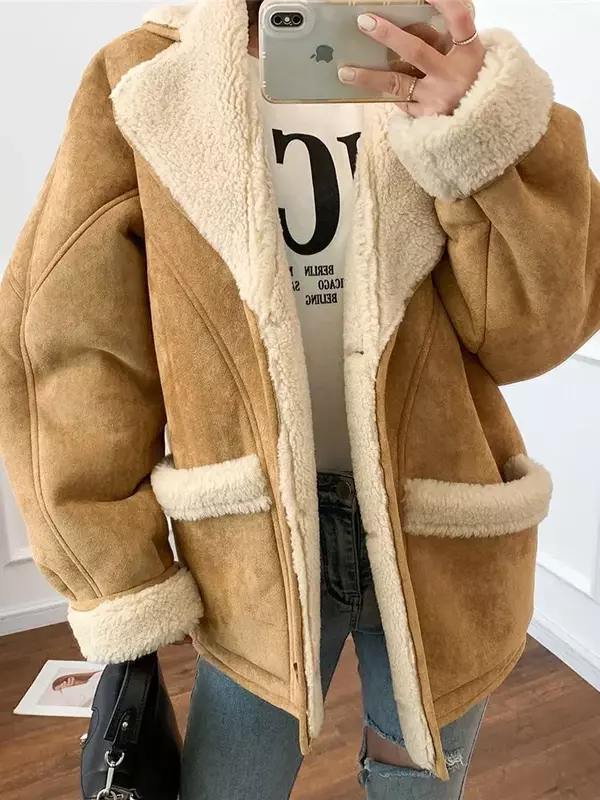 Winter New Women's  Faux Fur Leather Coat Turn-down Collar Single-Breasted Fashion Loose Warm Jacket