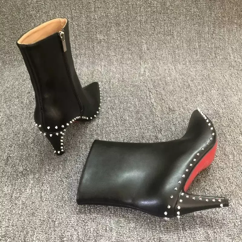 2023 NEW Top Quality Red Bottom Boots for Women Sexy Pointed Toes with Silver Rivets Ladies Ankle Boots Luxury High Heels Shoes