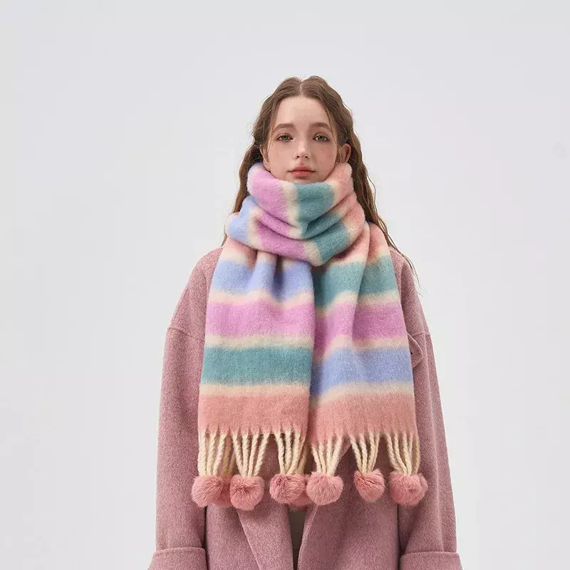 Cute Colorful Striped Scarf Lovers Neckband Rainbow Kawaii Mohair Cashmere Scarf with Hairball Winter Warm Thickened Accessories