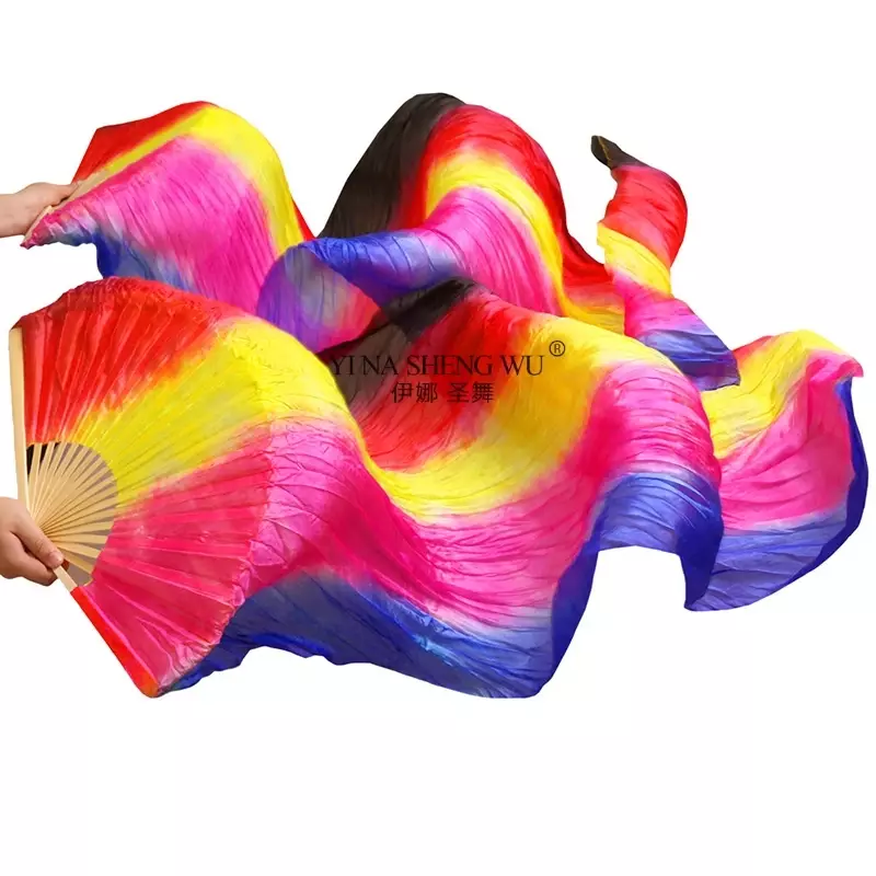 Abanico de danza del vientre para niños y adultos, seda de imitación colorida hecha a mano, teñido a mano, rendimiento de danza del vientre, largo, 1 pieza