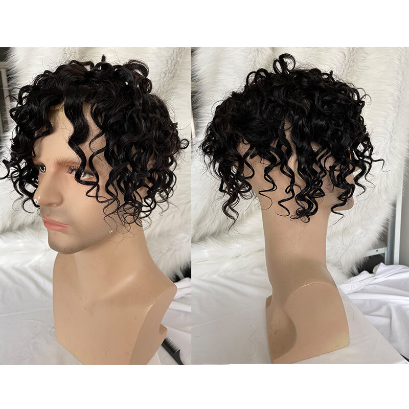 Парик мужской с швейцарской кружевной отделкой, сменные бразильские волосы для мужчин, свободные вьющиеся волосы 8 х10, 1B цвет