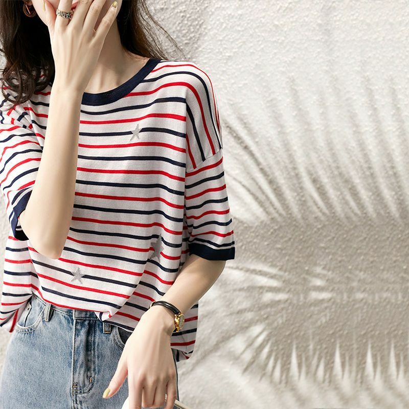 Camiseta de malha solta de manga curta feminina, gola redonda, listrada, cor contraste, casual, top versátil, simplicidade moda, verão, novo