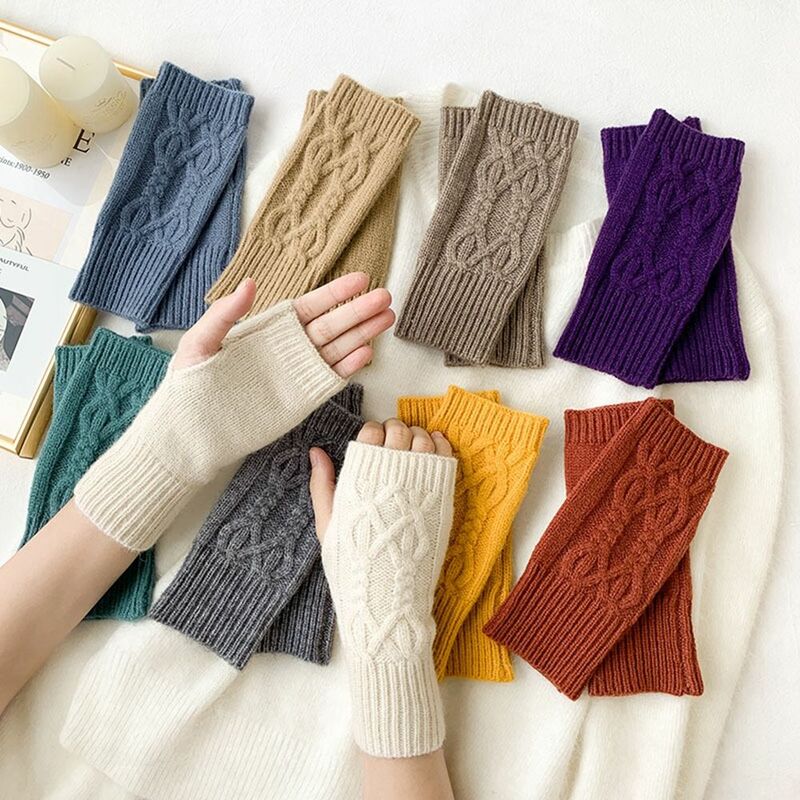 Solid Color Autumn And Winter Driving Gloves Plus Velvet Elastic Knitted Mittens Female Gloves Twist Gloves Half-finger Gloves