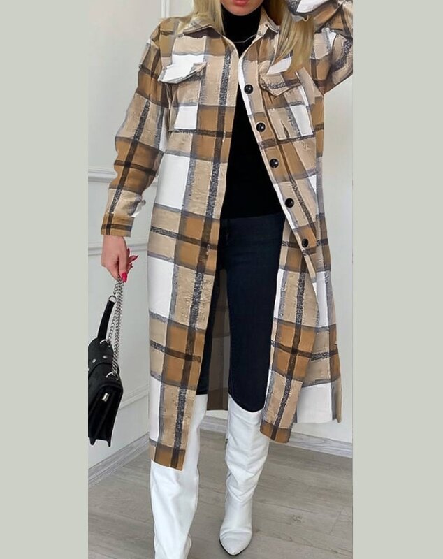 Elegant Plaid Print Buttoned Longline Shacket Coat for Woman 2023 Autumn Winter Spring Fashion Casual Female Clothing Outfits