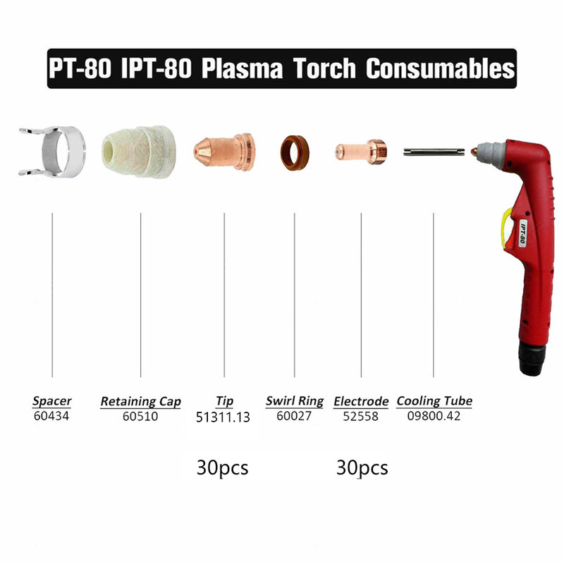 Plasma cortador tocha eletrodo, bicos, peças de soldagem, 1,3mm, 1,0mm, 1,2mm dicas, PT-80, PT80, IPT-80, 52558, 51311.13, 60pcs