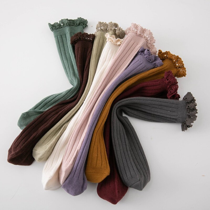 Осенние хлопковые детские длинные носки 2022 корейский стиль однотонные полосатые с оборками кружевные простроченные термоноски гетры для детей