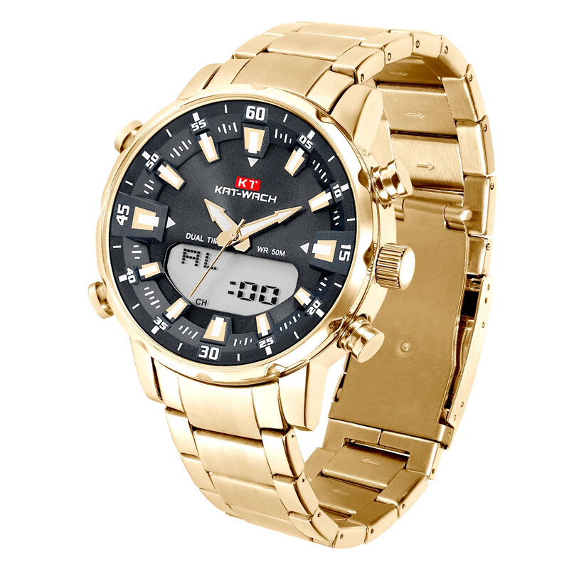 KAT-WACH Mens Watches Fashion Digital Calendar Electronic Watch For Men Military Steel Strap Waterproof Wristwatch Clock+Box