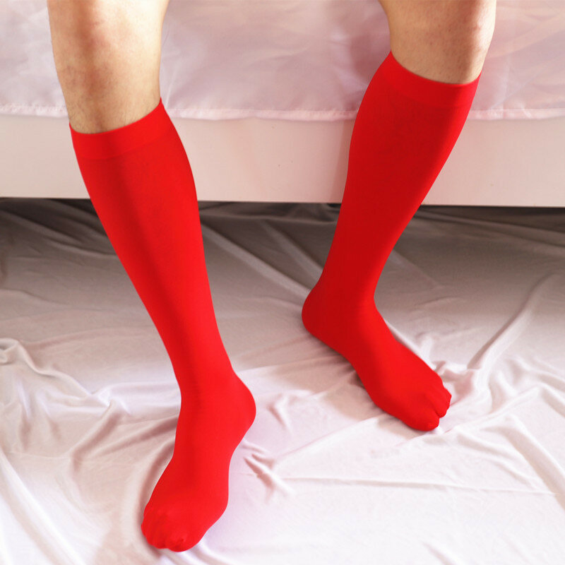 Kaus kaki pria seksi ultratipis, kaus kaki stoking lembut elastis selutut tinggi tidak terlihat mulus antilembap tabung transparan