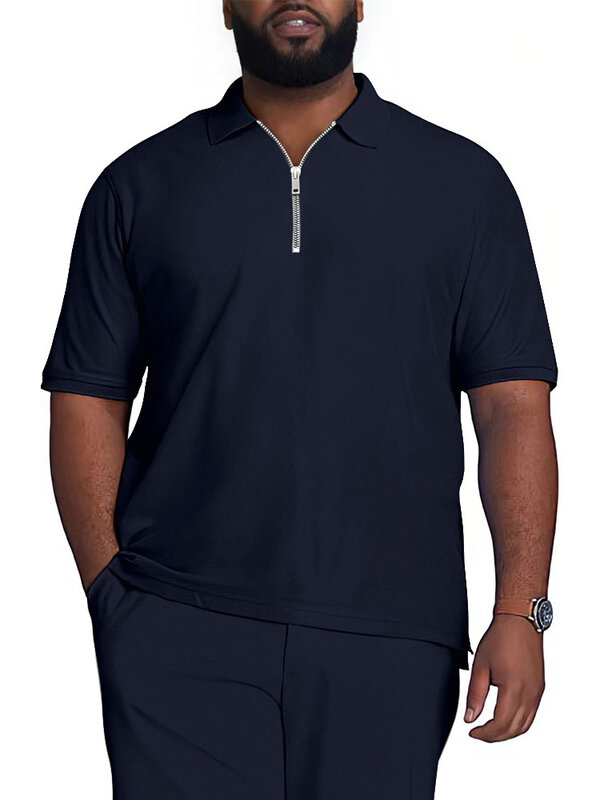 Men's plus-size Summer Short Sleeve Polo Shirt Solid Color Turn-Down Collar Zipper Polo Shirt Men Casual Streetwear Male Tops