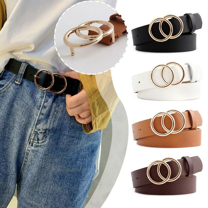 Double Round Belt For Women PU Metal Fashion Leather Vintage Luxury Waistband Solid Color Belt Leisure Dress Jeans Accessory