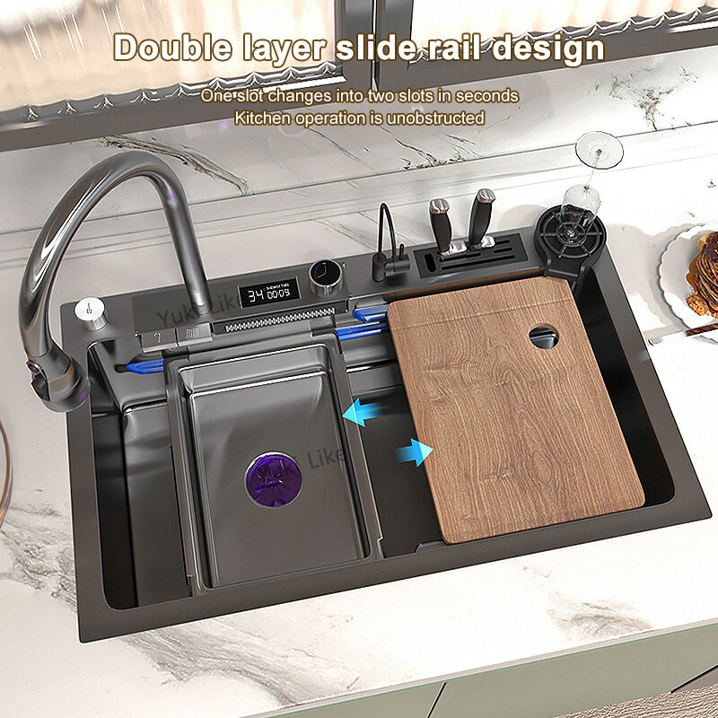 Fregadero de cascada de cocina de acero inoxidable 304, pantalla Digital, fregadero individual grande, lavabo de plato con cascada táctil multifunción