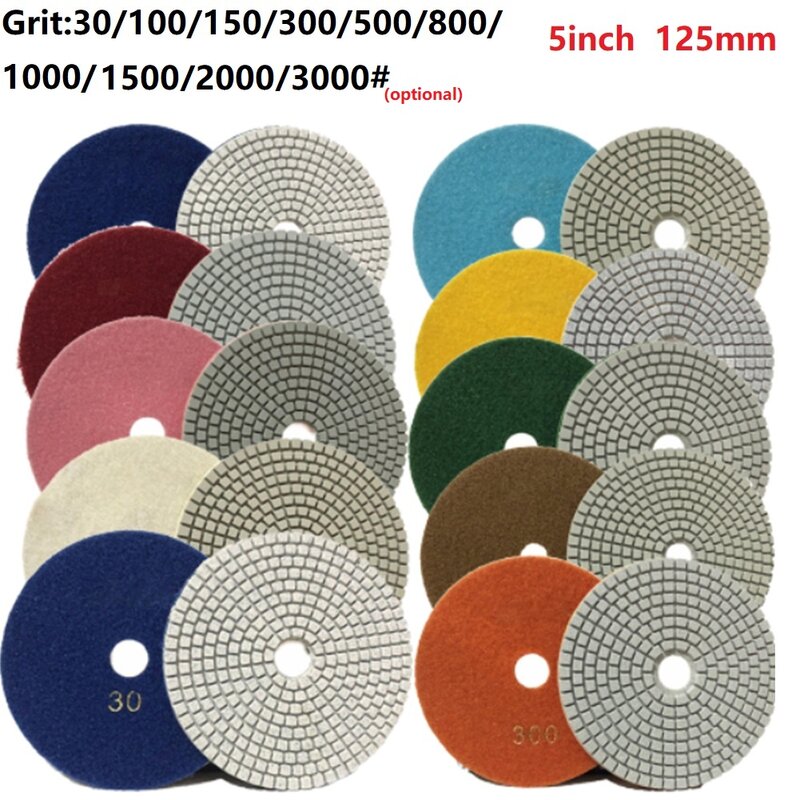 Almohadillas de pulido de diamante seco/húmedo, discos de molienda flexibles de 5 "y 125mm para piedra de granito y mármol, grano 30/100/150/300/500/800/1000