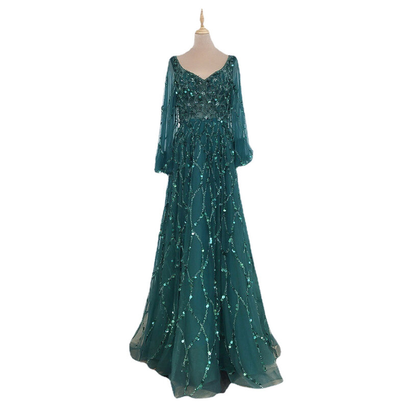 2023 gaun zamrud leher V renda gaun Prom tugas berat manik-manik mewah gaun malam Prom seksi ukuran besar gaun malam