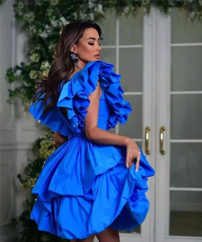 Gaun Prom pendek biru mewah berlapis SERENDIPIDTY v-nevk 2024 gaun Cocktail wanita Satin berjenjang mode buatan kustom
