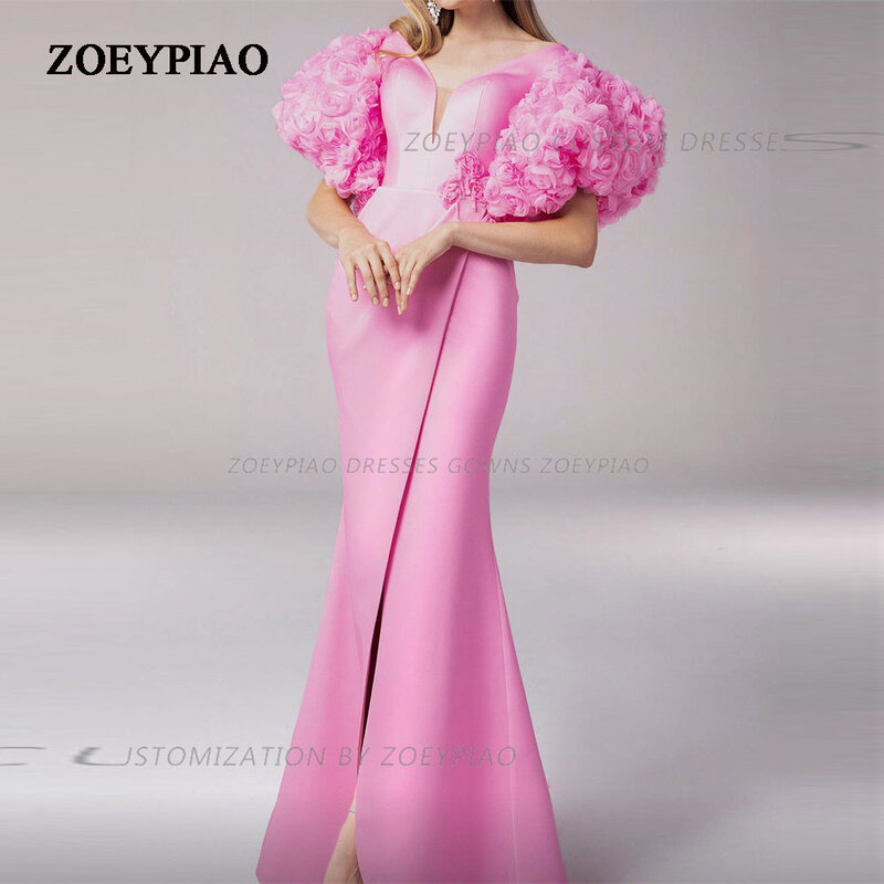 Pink Princess Fairy Satin Prom Dresses V Neck Zipper Back Rose Floral Lace Sleeves Formal Evening Gown Masquerade Costume