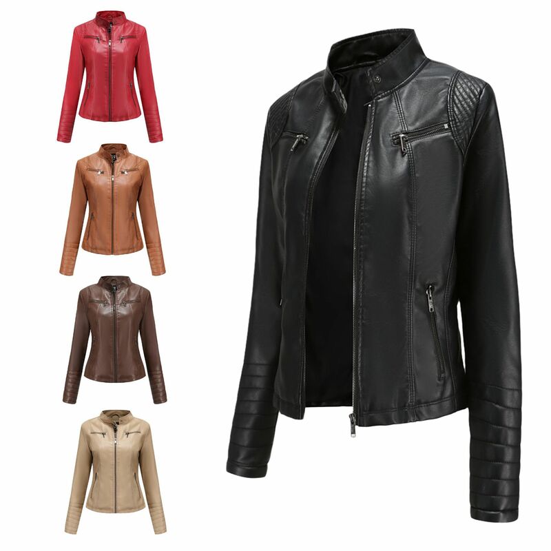 Veste de motard en cuir pour femme, veste à glissière moto, noir, rouge, café, abricot, automne, printemps, dames, 2023