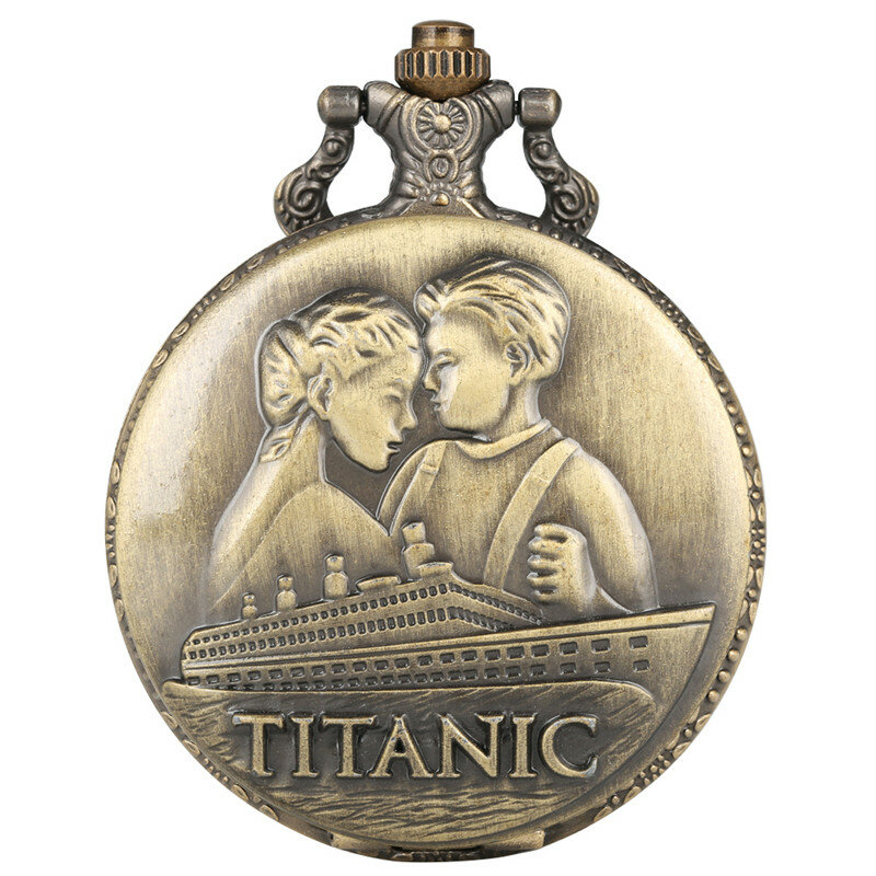 Jam Perunggu Diukir Titanic Desain Penuh Pemburu Kuarsa Jam Saku untuk Pria Wanita Kekasih Jam Tangan dengan Rantai Sweter Hadiah Reloj