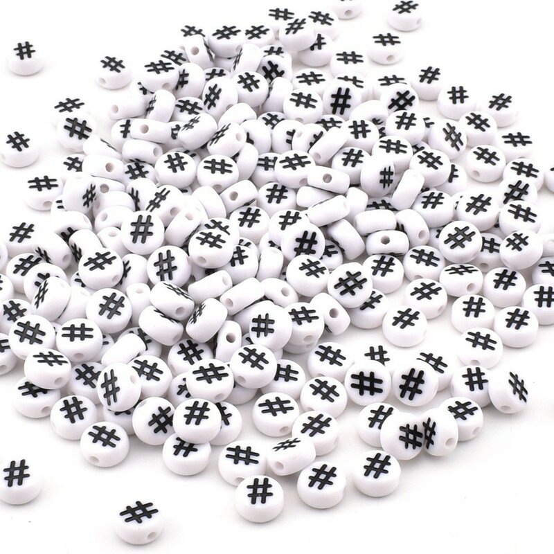 Perles acryliques rondes faites à la main pour la fabrication de bijoux, fond blanc, symbole noir, bricolage, 7x4x1mm, 50 pièces par lot