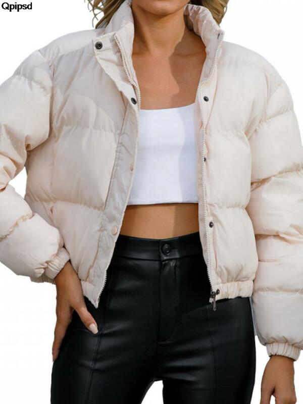 Новинка 2023, женская зимняя куртка, однотонное теплое короткое Прямое пальто, куртки с воротником-стойкой, парка, пальто, женская модная верхняя одежда