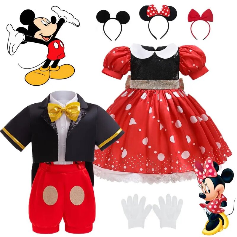 Disney-vestido de Mickey Mouse para niñas, ropa de dibujos animados de Minnie, diadema, disfraces de Cosplay para niños, conjunto de ropa de pajarita de lujo