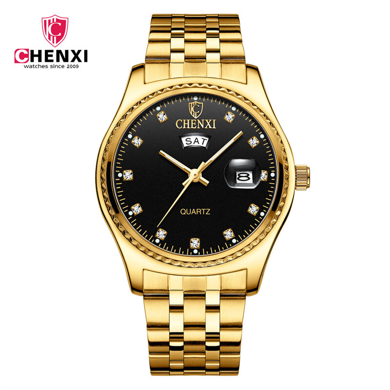 Chenxi 커플 럭셔리 쿼츠 골든 스테인레스 스틸 방수 시계, 여성 및 남성용 선물, 패션 최고 브랜드, 8204a