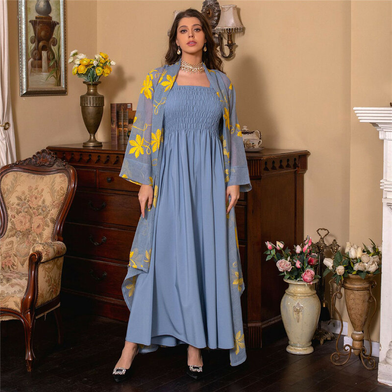 Dubai Set pakaian bordir jaring untuk wanita, Set baju Kimono dan Abaya tali 2 potong, Kaftan Islami, jubah Lebaran Ramadan Jalabiya