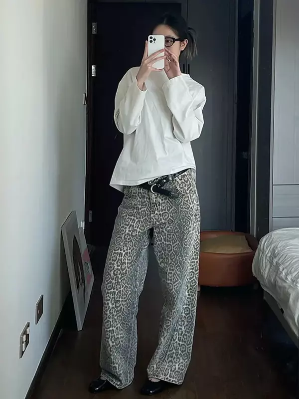 Женские винтажные джинсы большого размера, с леопардовым принтом
