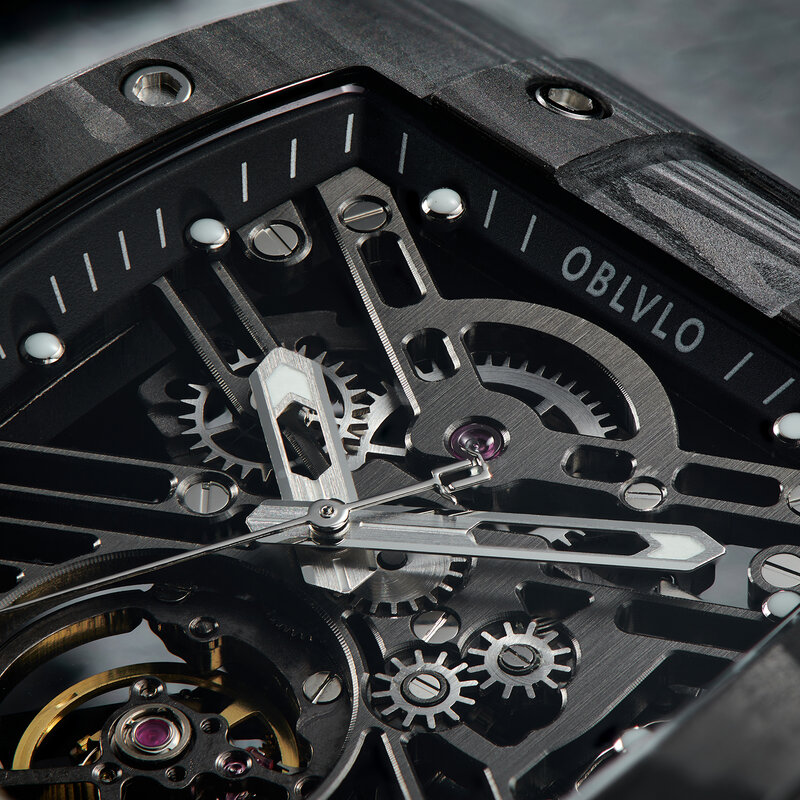 OBLVLO-Men's Steel Skeleton Watch, Top Brand, Sport, Quadrado, Automático, Mecânico, Rubber Strap, Relógios, EM-ST