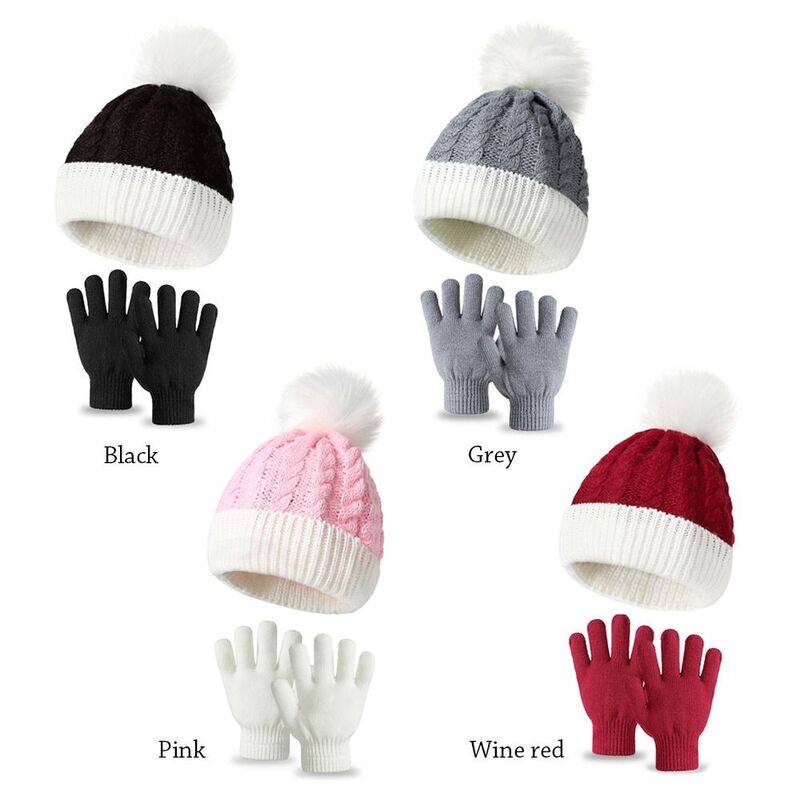 2Pcs/Set Ear Protection Kids Knitted Hat Winter Warm Soft Beanies Cap Windproof Pompon Gloves Set Girls Boys