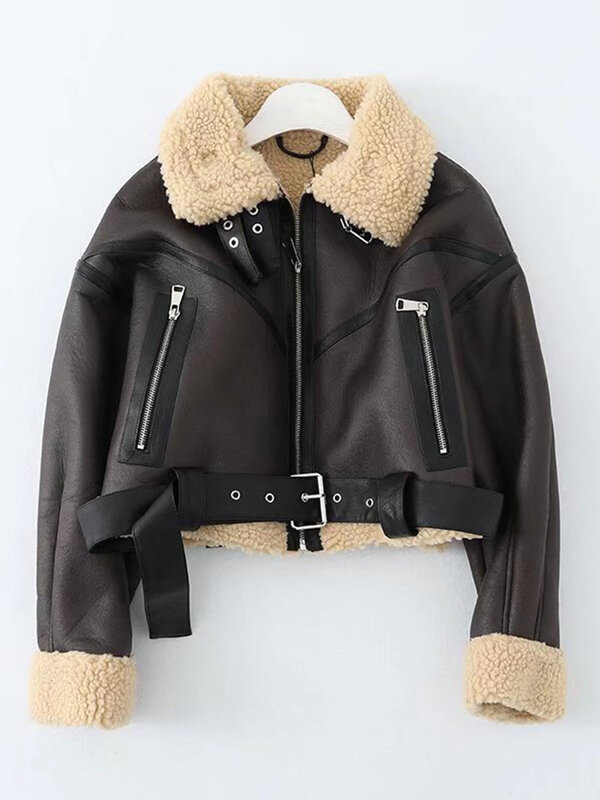 Jaket kulit domba buatan, pakaian jalan musim dingin bulu domba buatan jaket pendek dengan sabuk sepeda motor tebal hangat mantel kulit domba