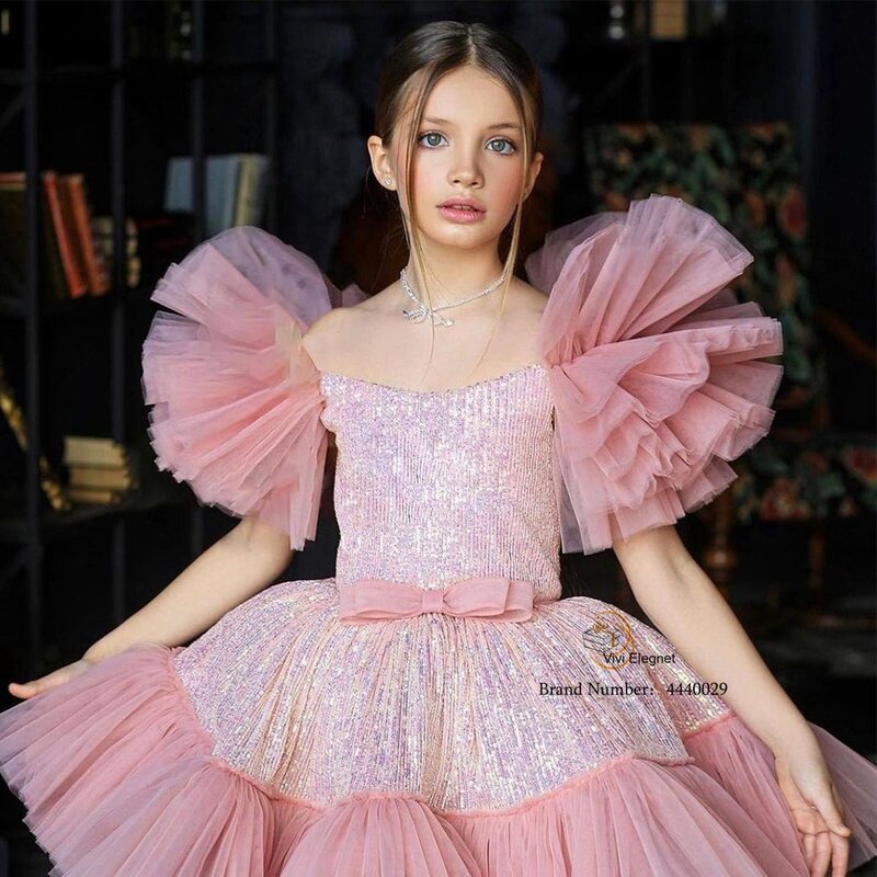 Gaun Gadis Bunga Tulle Hijau Bengkak untuk Natal Gaun Pesta Gadis Imut Gaun Putri Gaun Pesta Formal