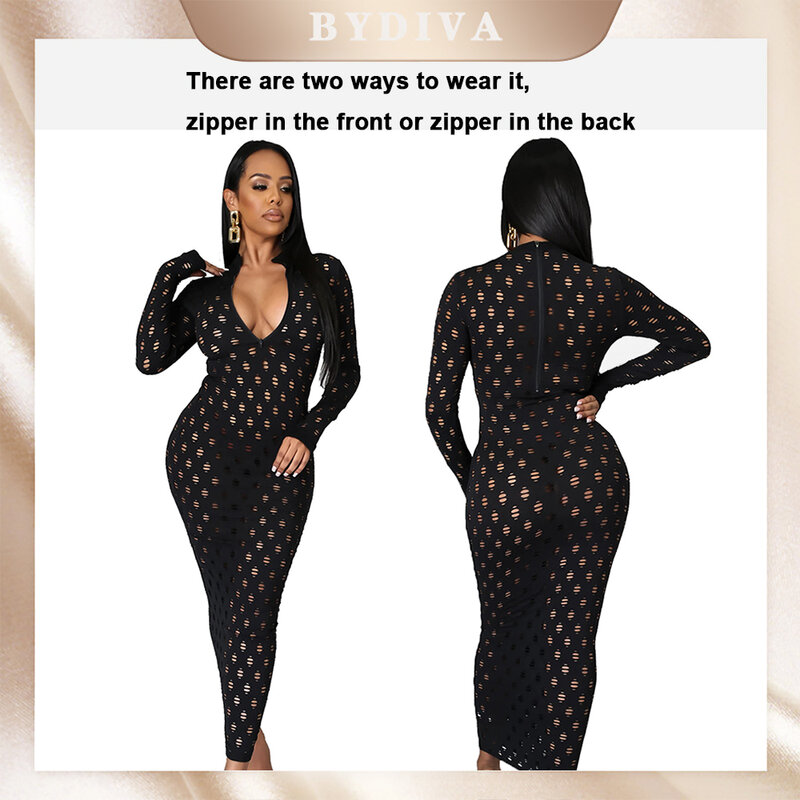 BYDIVA Sexy O Collar Long Sleeve Long Dresses Sexy Sheer Dress Hole Hollow Out Sexy Dress for Women Party Classy Night