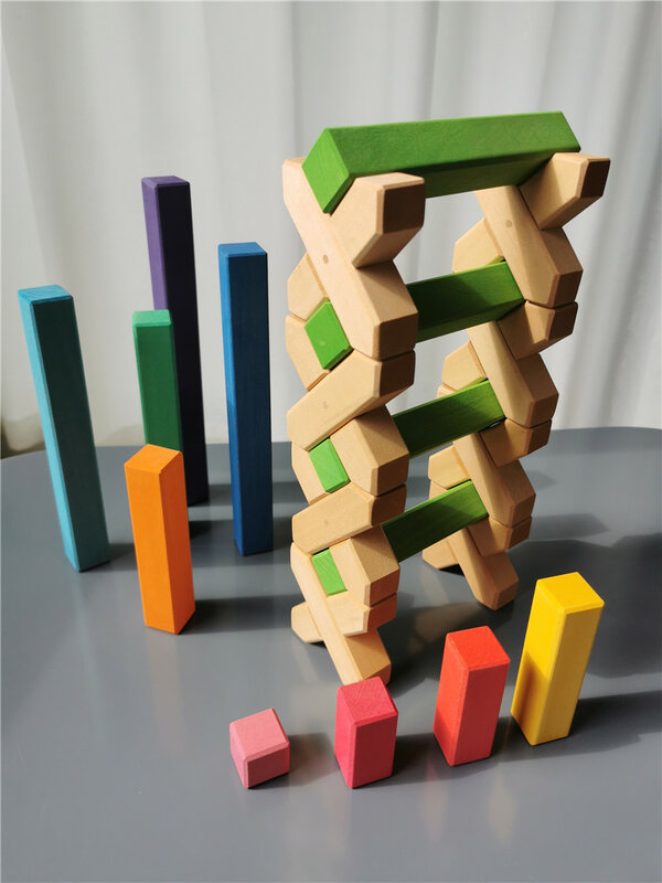 Large Wooden Building Blocks Set Rainbow Stacking Counting Timber Square Construction Tube Toys for Kids Educational Play