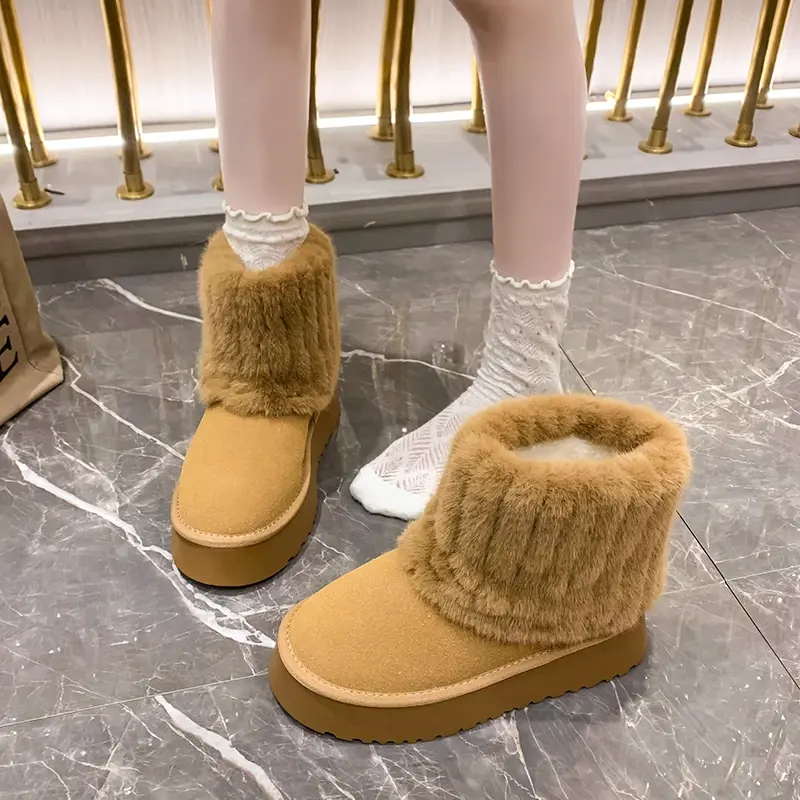 Женские ботинки средней длины, зимние ботинки на толстой подошве в западном стиле с плюшевой изоляцией, модные женские ботинки из хлопка, новинка 2024
