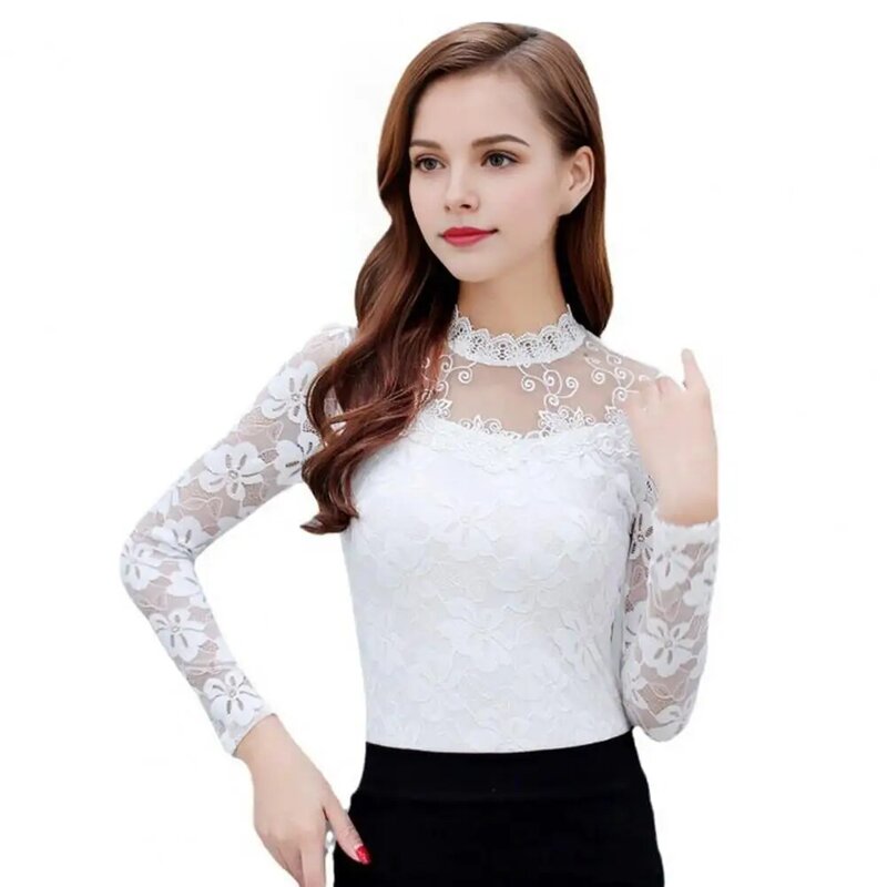 Lightweight Women Lace Tops Elegant Stand Collar Embroidery Lace Floral Pullover Tops for Women Slim Fit Mesh Yarn Tops