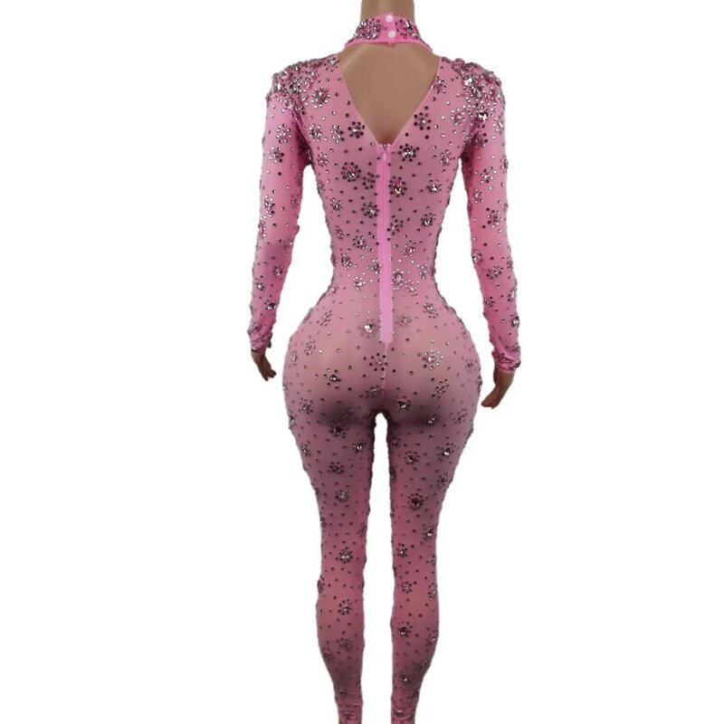 Women's Sexy Rhinestones Bodysuit Stage Outfit Female Singer Pink Leggings Nightclub Crystals Costume Dance Jumpsuit Cuican