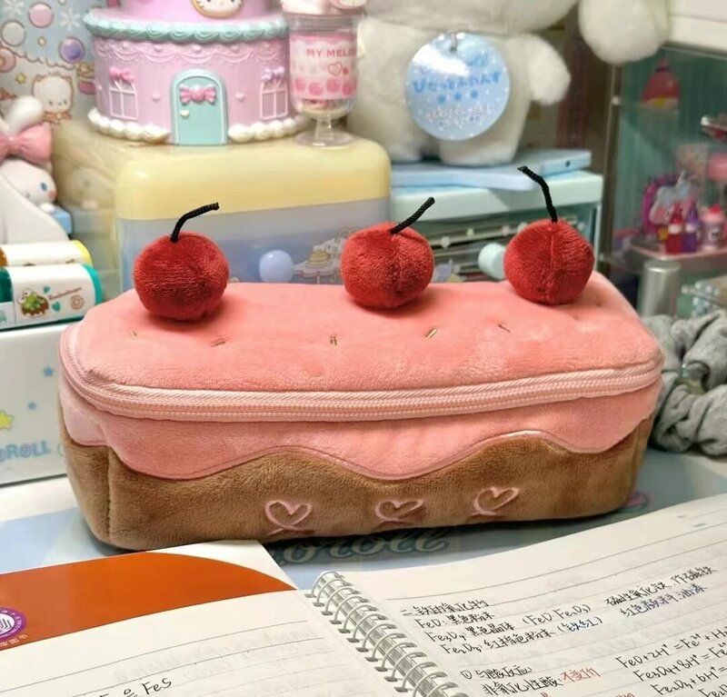 Симпатичная плюшевая сумка для ручек с вишневым тортом, изысканное хранилище, большая емкость, усовершенствованная Студенческая канцелярская сумка, корейские канцелярские принадлежности, пенал